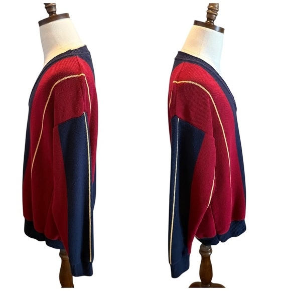 Vintage 90s Color Block Sweater Size XL Striped Navy Red V-neck Preppy Rugby - Picture 3 of 9